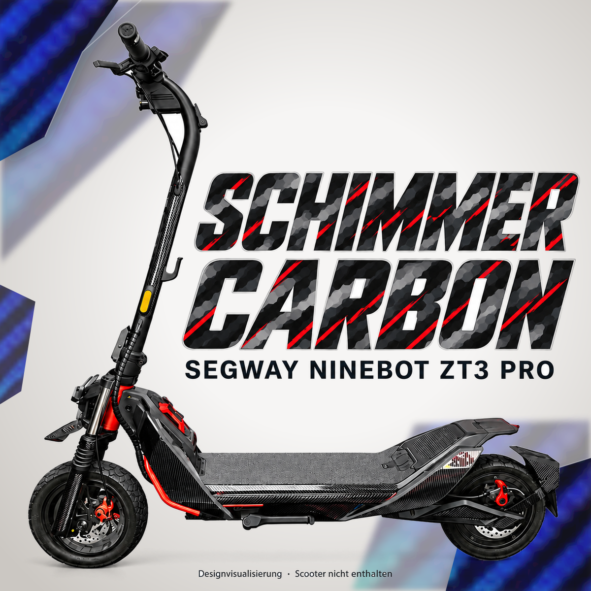 SEGWAY NINEBOT ZT3 SKIN | SCHIMMER CARBON – Designvisualisierung am passenden Scooter. Scooter nicht enthalten.