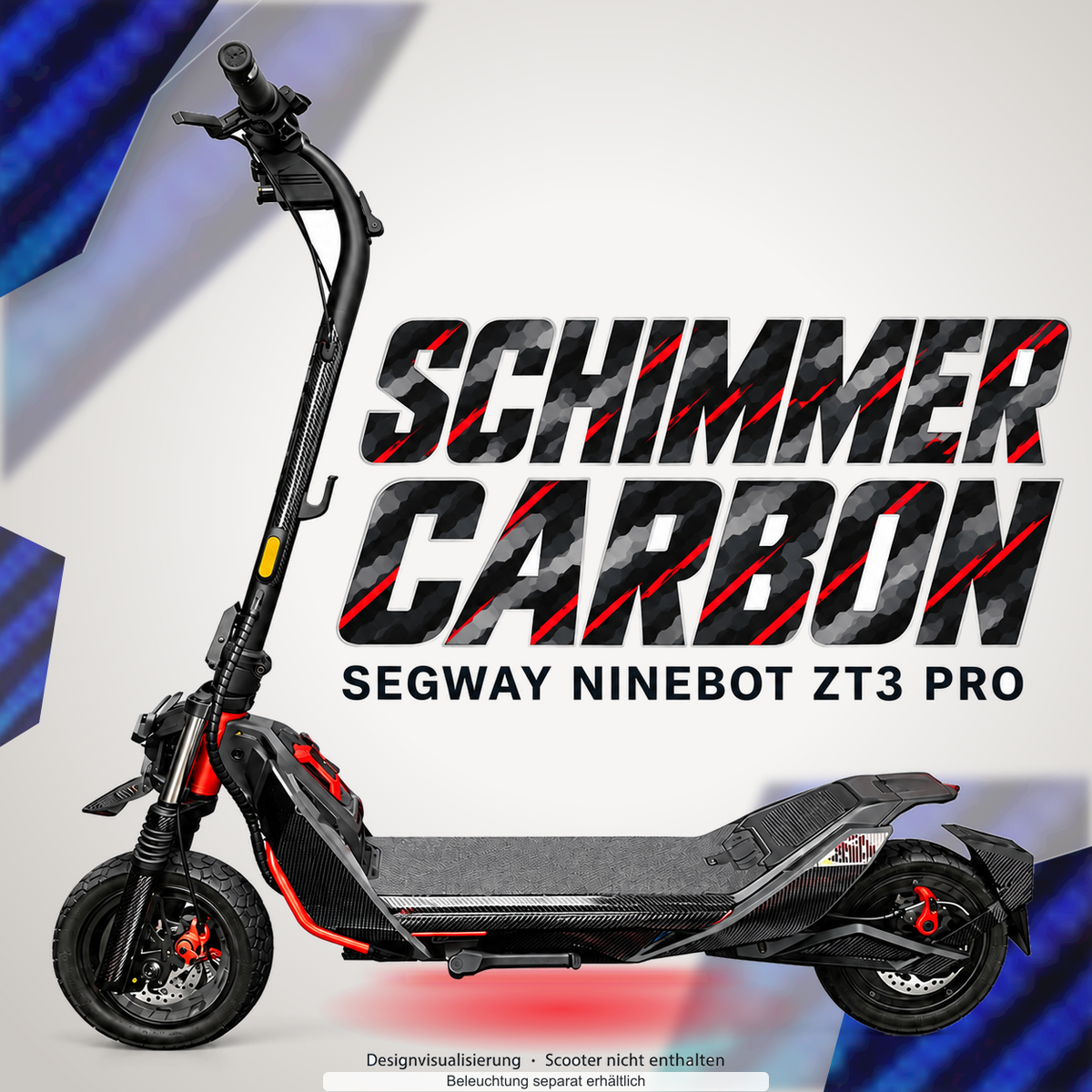 SEGWAY NINEBOT ZT3 PRO / ZT3 PRO D SKIN | SCHIMMER CARBON – Designvisualisierung mit Lichtschein in Skin-Farben. Scooter nicht enthalten; Beleuchtung separat erhältlich.