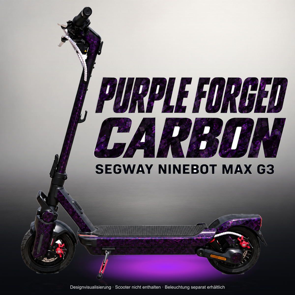 SEGWAY NINEBOT G3 / G3 D / G3 E SKIN | PURPLE FORGED CARBON – Studiofoto mit Licht in der Skinfarbe; Scooter und Beleuchtung separat erhältlich