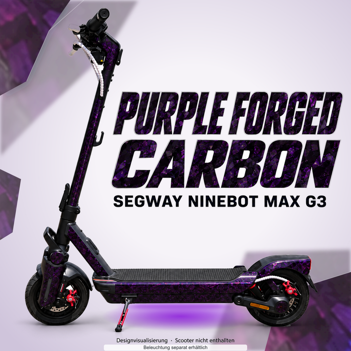 SEGWAY NINEBOT G3 / G3 D / G3 E SKIN | PURPLE FORGED CARBON – Designvisualisierung mit Lichtschein in Skin-Farben. Scooter nicht enthalten; Beleuchtung separat erhältlich.