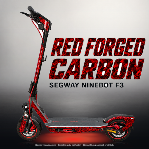 SEGWAY NINEBOT F3 / F3 PRO SKIN | RED FORGED CARBON – Studiofoto mit Licht in der Skinfarbe; Scooter und Beleuchtung separat erhältlich