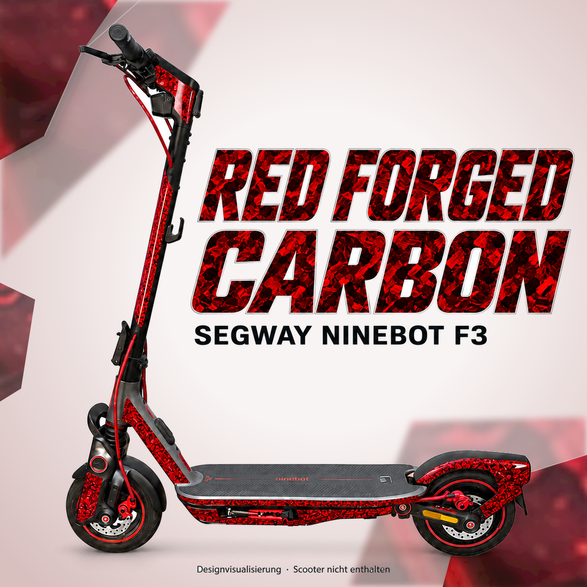 SEGWAY NINEBOT F3 SKIN | RED FORGED CARBON – Designvisualisierung am passenden Scooter. Scooter nicht enthalten.