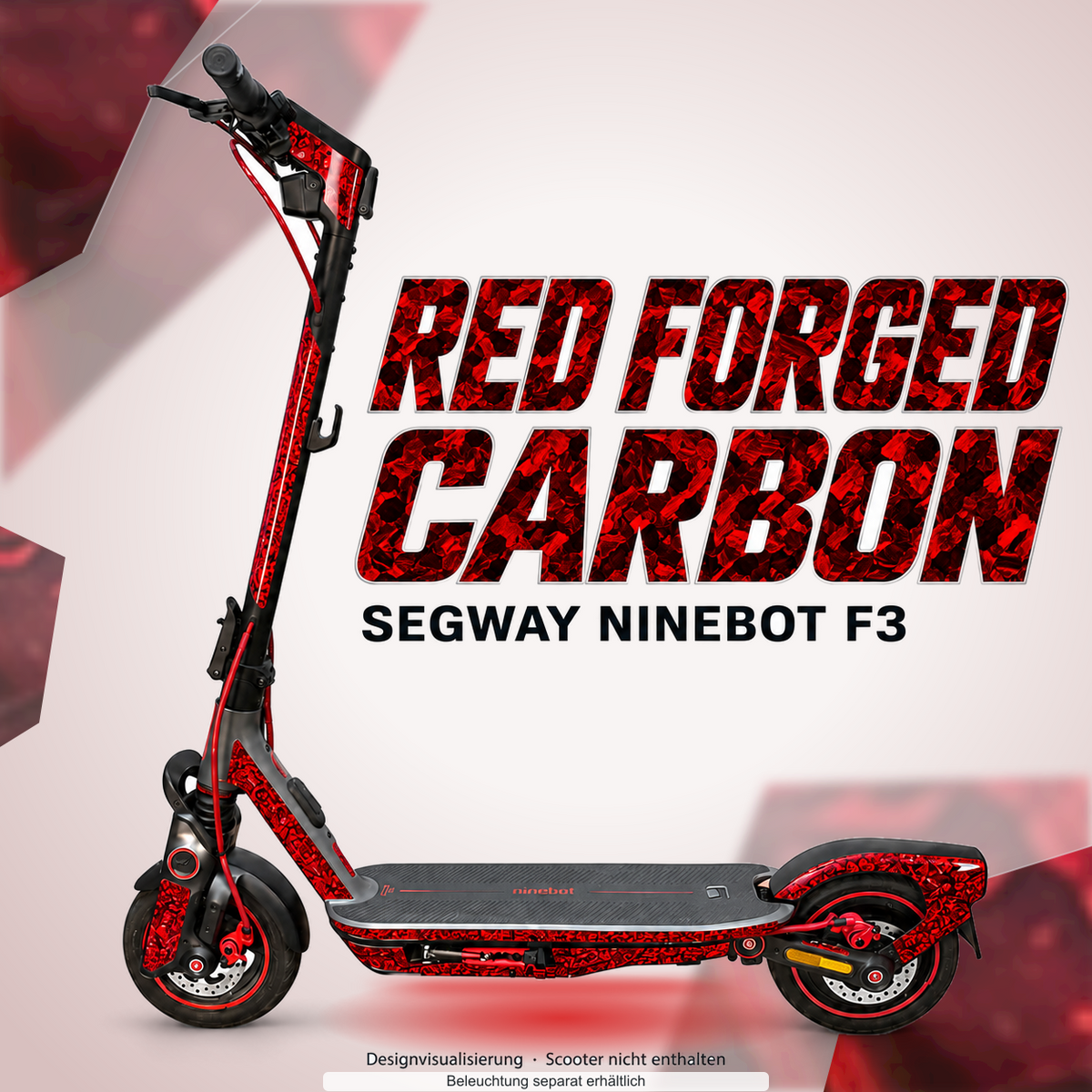 SEGWAY NINEBOT F3 / F3 PRO SKIN | RED FORGED CARBON – Designvisualisierung mit Lichtschein in Skin-Farben. Scooter nicht enthalten; Beleuchtung separat erhältlich.