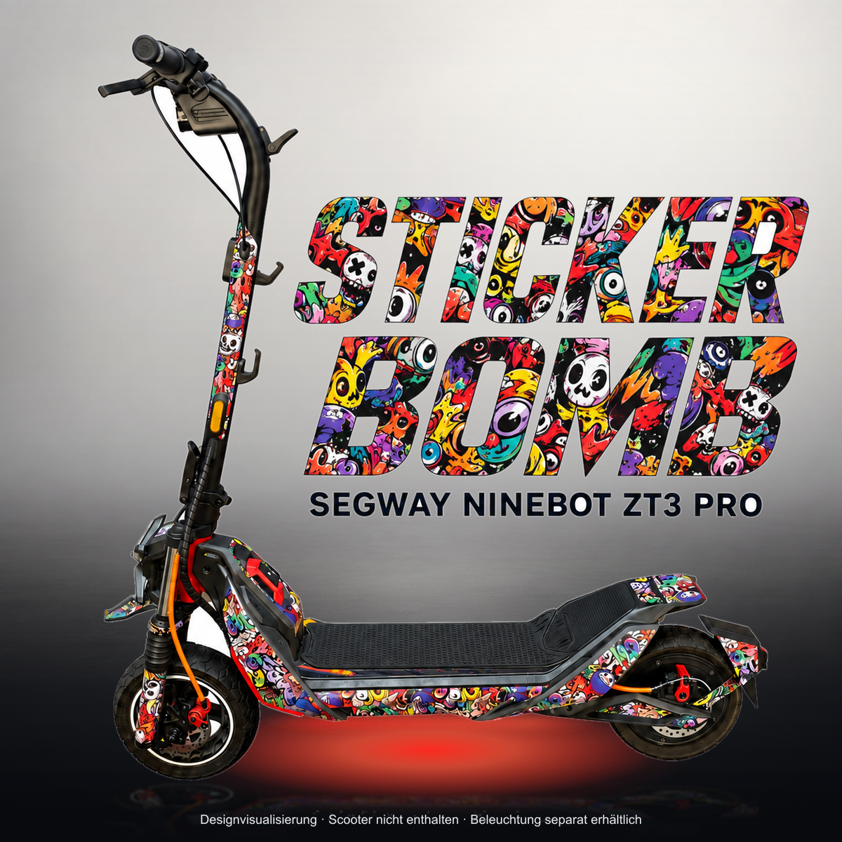 SEGWAY NINEBOT ZT3 PRO / ZT3 PRO D SKIN | STICKER BOMB – Studiofoto mit Licht in der Skinfarbe; Scooter und Beleuchtung separat erhältlich