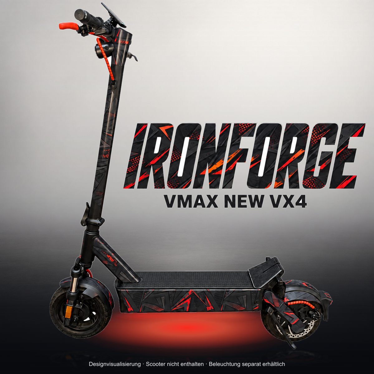 VMAX NEW VX4 SKIN | IRONFORGE – Studiofoto mit Licht in der Skinfarbe; Scooter und Beleuchtung separat erhältlich