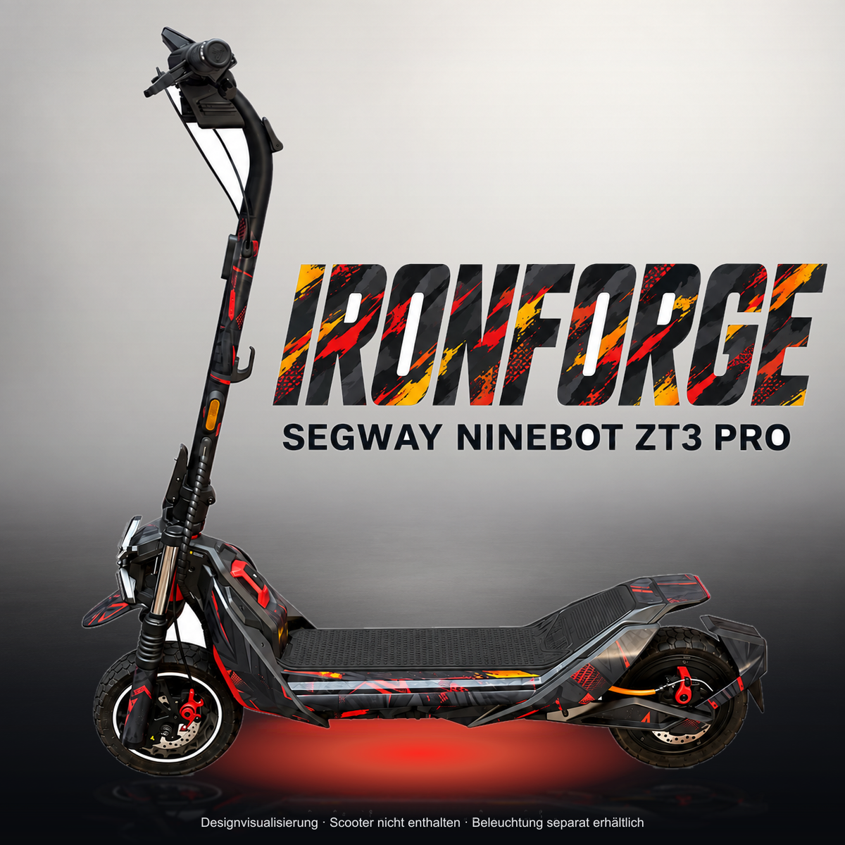 SEGWAY NINEBOT ZT3 PRO / ZT3 PRO D SKIN | IRONFORGE – Studiofoto mit Licht in der Skinfarbe; Scooter und Beleuchtung separat erhältlich