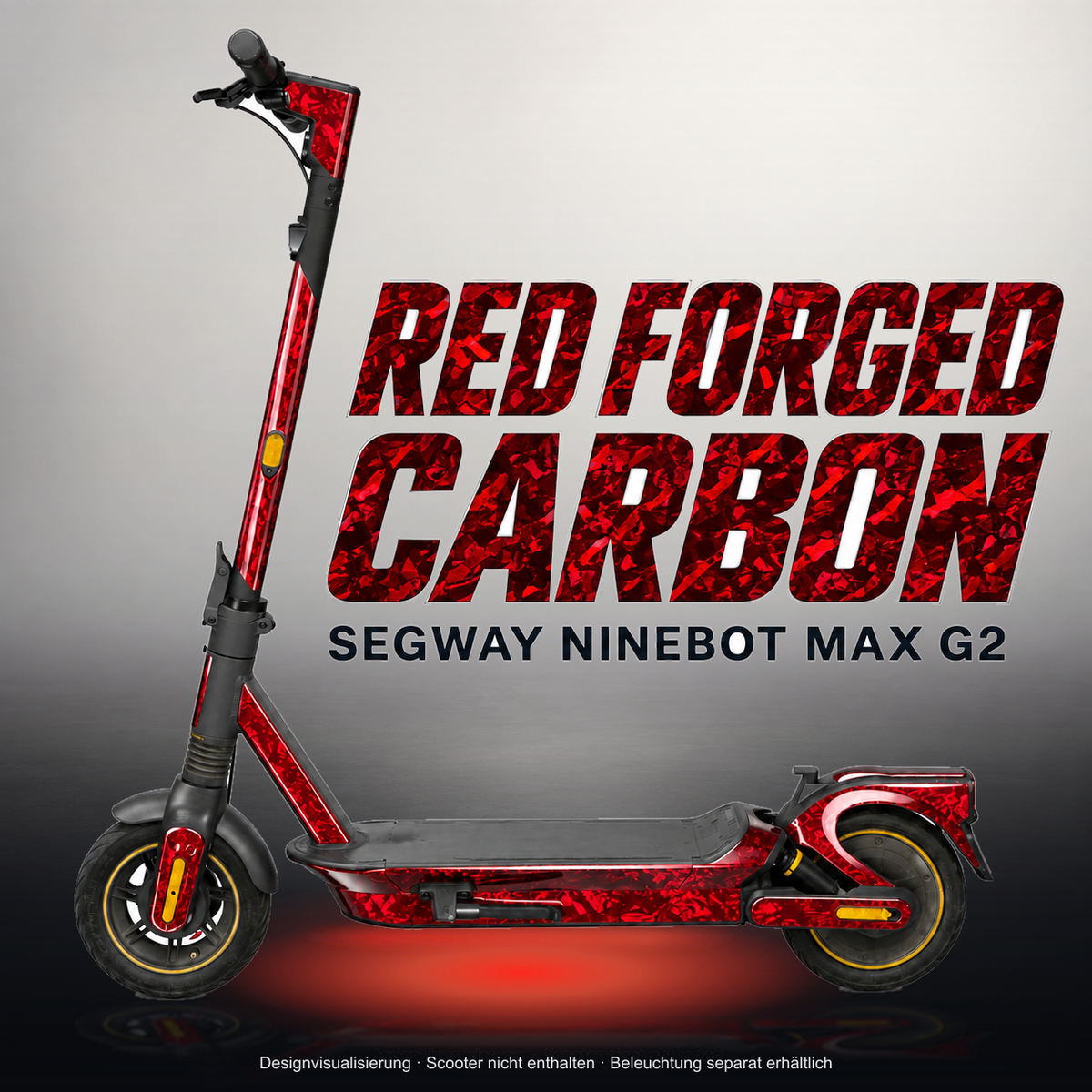 SEGWAY NINEBOT G2 MAX SKIN | RED FORGED CARBON – Studiofoto mit Licht in der Skinfarbe; Scooter und Beleuchtung separat erhältlich