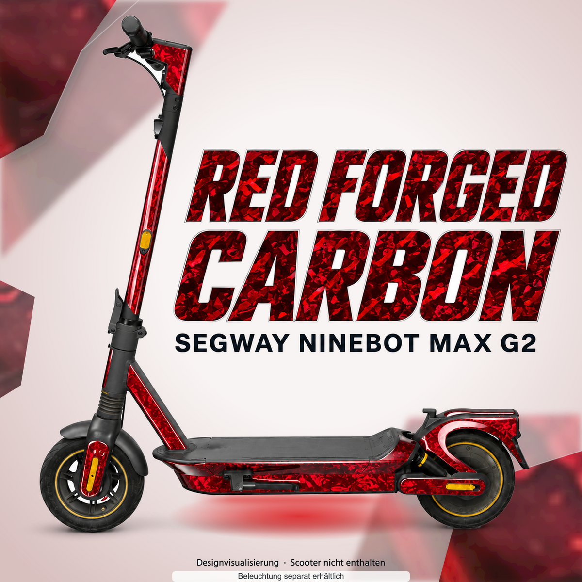 SEGWAY NINEBOT G2 MAX SKIN | RED FORGED CARBON – Designvisualisierung mit Lichtschein in Skin-Farben. Scooter nicht enthalten; Beleuchtung separat erhältlich.