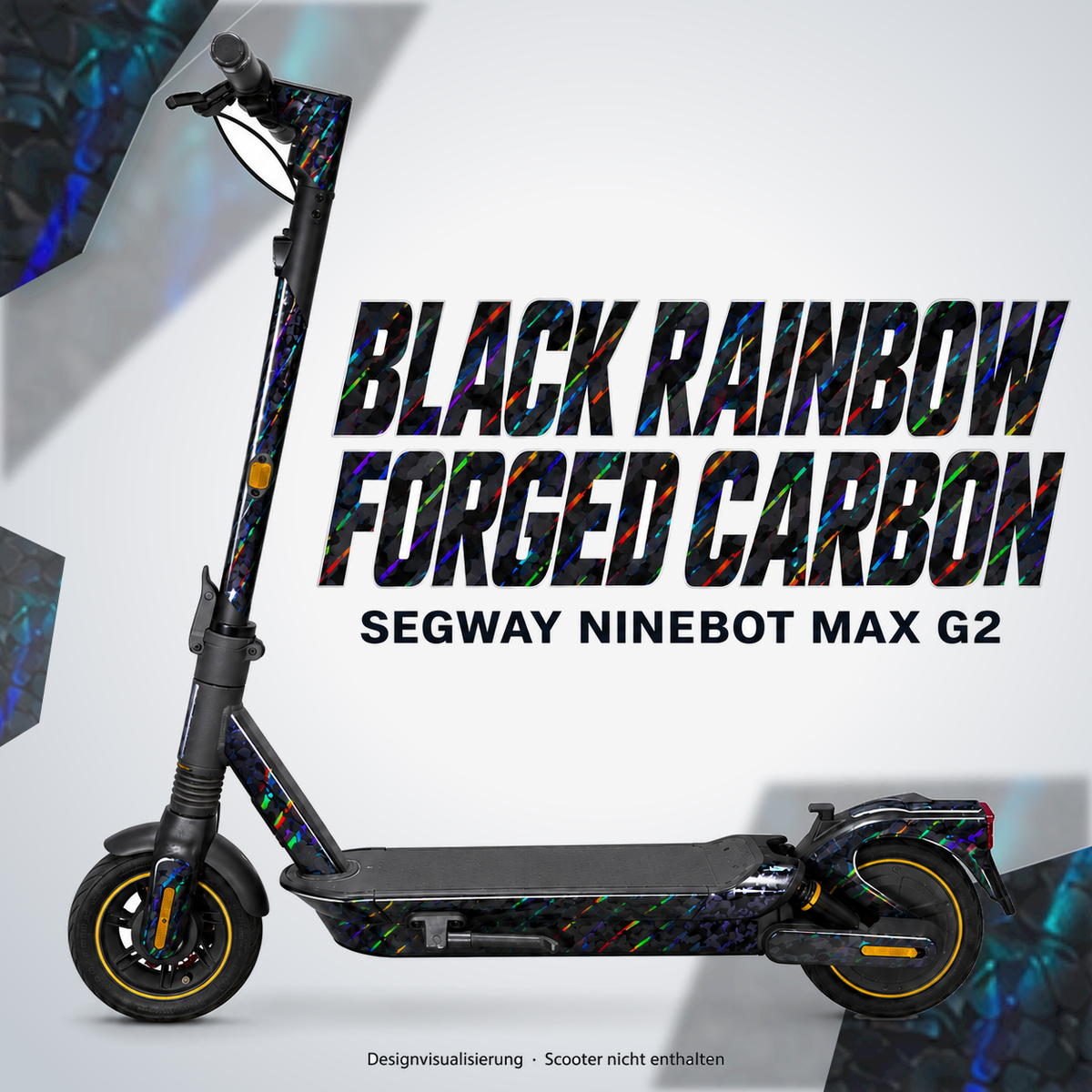SEGWAY NINEBOT G2 MAX SKIN | BLACK RAINBOW FORGED CARBON – Designvisualisierung am passenden Scooter. Scooter nicht enthalten.