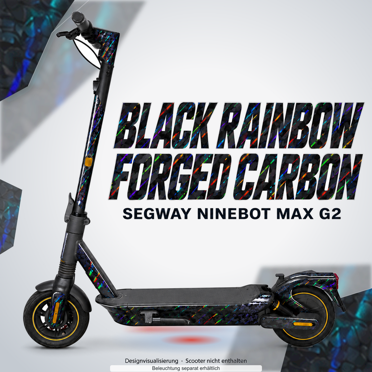 SEGWAY NINEBOT G2 MAX SKIN | BLACK RAINBOW FORGED CARBON – Designvisualisierung mit Lichtschein in Skin-Farben. Scooter nicht enthalten; Beleuchtung separat erhältlich.