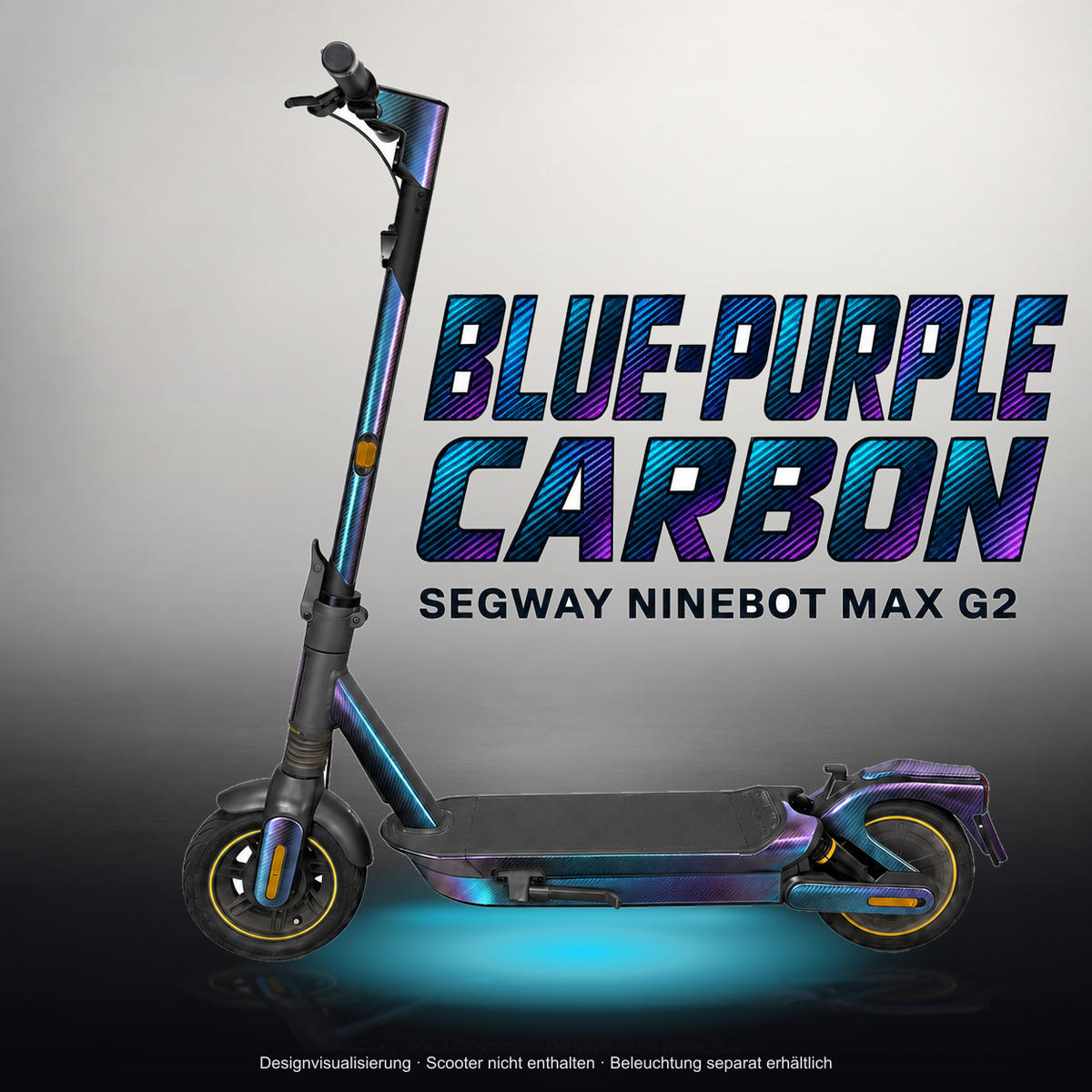 SEGWAY NINEBOT G2 MAX SKIN | BLUE-PURPLE CARBON – Studiofoto mit Licht in der Skinfarbe; Scooter und Beleuchtung separat erhältlich