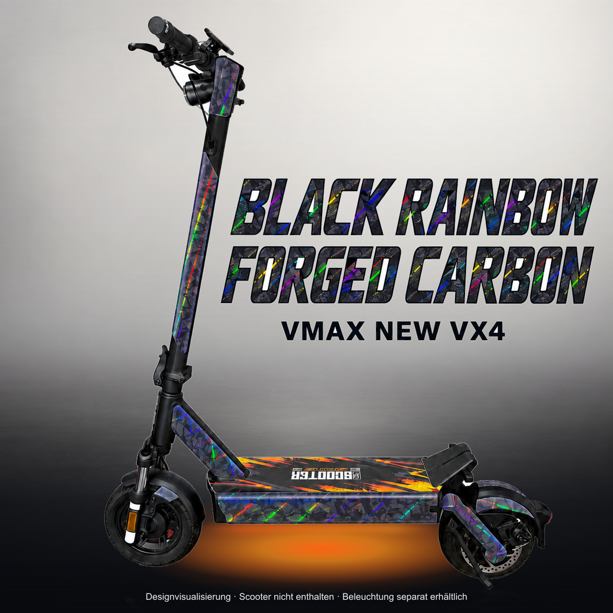 VMAX NEW VX4 SKIN | BLACK RAINBOW FORGED CARBON – Studiofoto mit Licht in der Skinfarbe; Scooter und Beleuchtung separat erhältlich