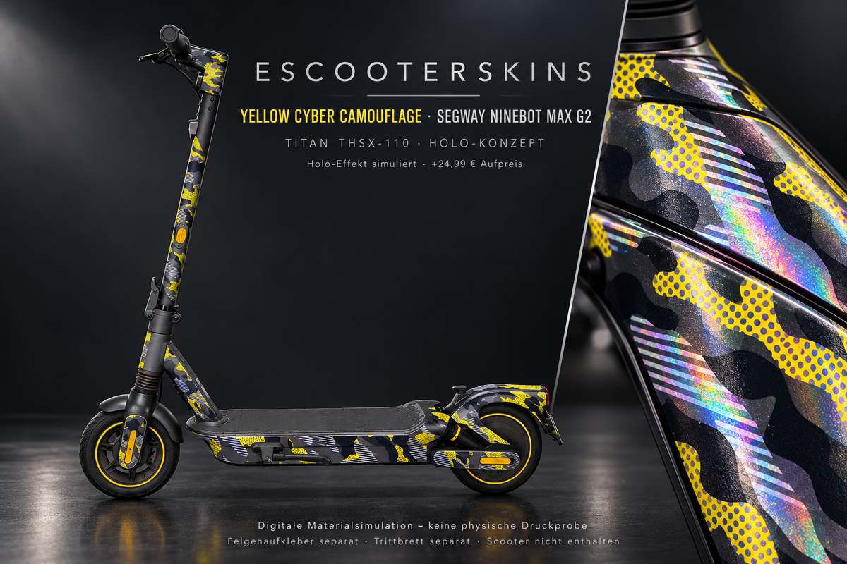 SEGWAY NINEBOT G2 MAX SKIN | YELLOW CYBER CAMOUFLAGE – Holo-Effekt simuliert; +24,99 EUR Aufpreis. Digitale Materialsimulation, keine physische Druckprobe. Nur Body-Skin; Trittbrett und Felgenaufkleber separat; Scooter nicht enthalten.
