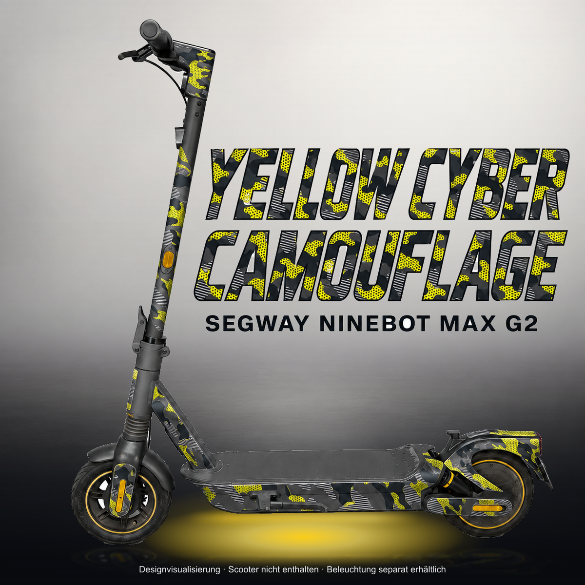 SEGWAY NINEBOT G2 MAX SKIN | YELLOW CYBER CAMOUFLAGE – Studiofoto mit Licht in der Skinfarbe; Scooter und Beleuchtung separat erhältlich