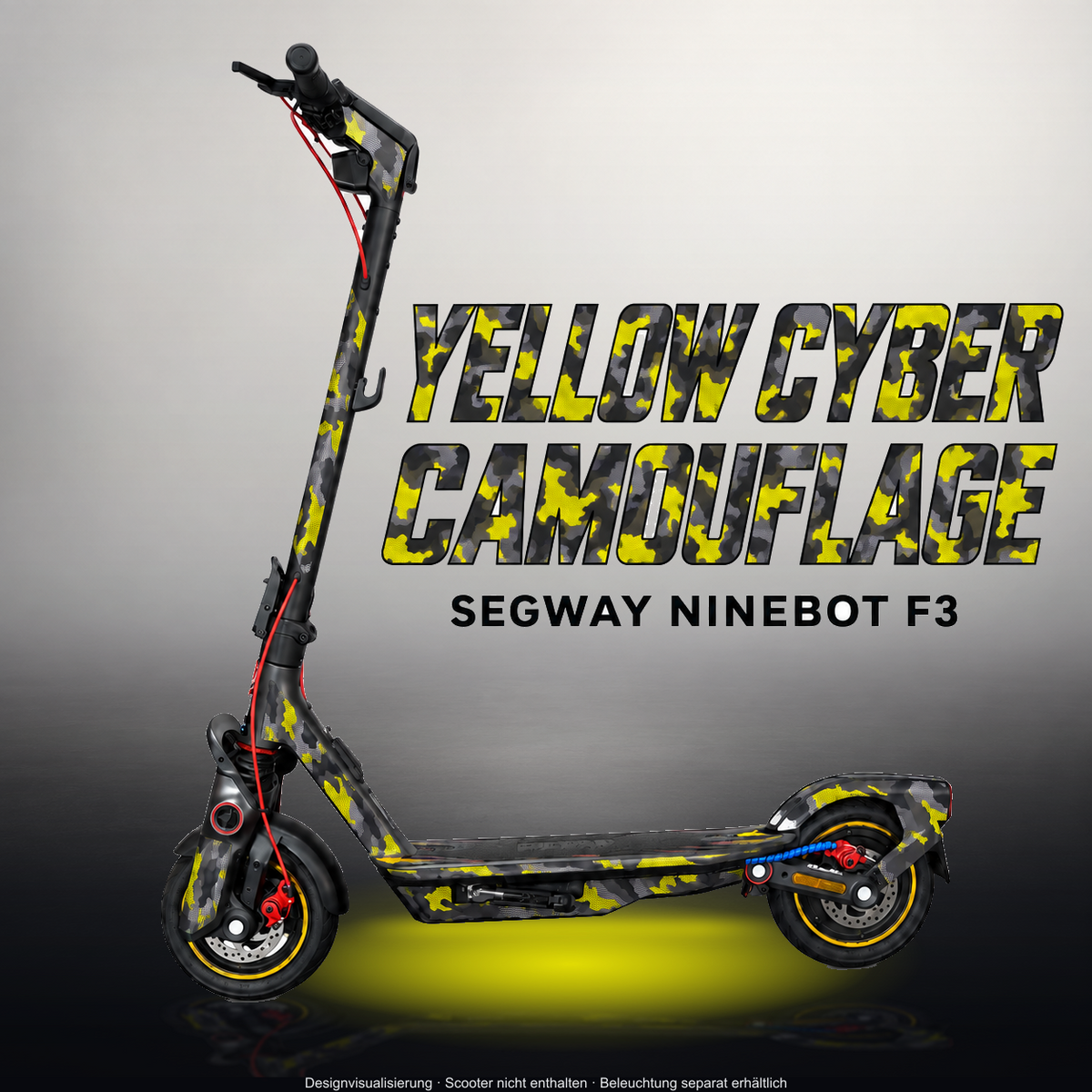 SEGWAY NINEBOT F3 / F3 PRO SKIN | YELLOW CYBER CAMOUFLAGE – Studiofoto mit Licht in der Skinfarbe; Scooter und Beleuchtung separat erhältlich