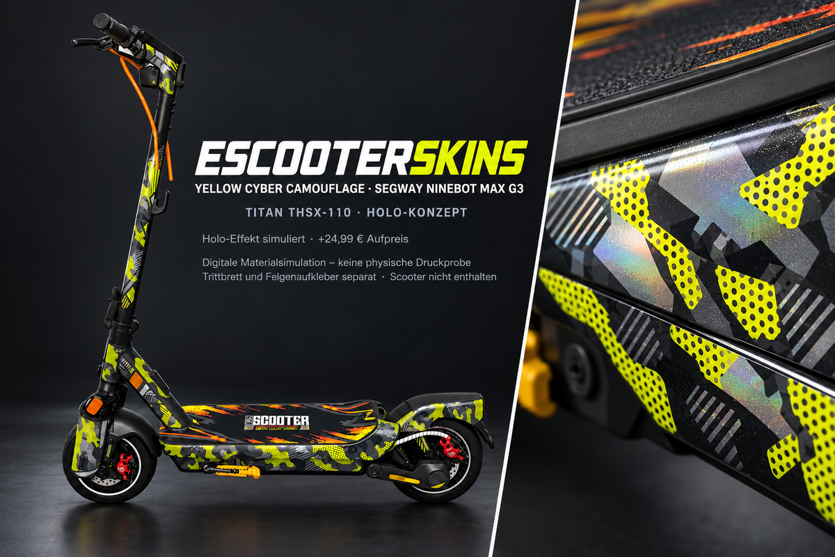 SEGWAY NINEBOT G3 / G3 D / G3 E SKIN | YELLOW CYBER CAMOUFLAGE – Holo-Effekt simuliert; +24,99 EUR Aufpreis. Digitale Materialsimulation, keine physische Druckprobe. Nur Body-Skin; Trittbrett und Felgenaufkleber separat; Scooter nicht enthalten.