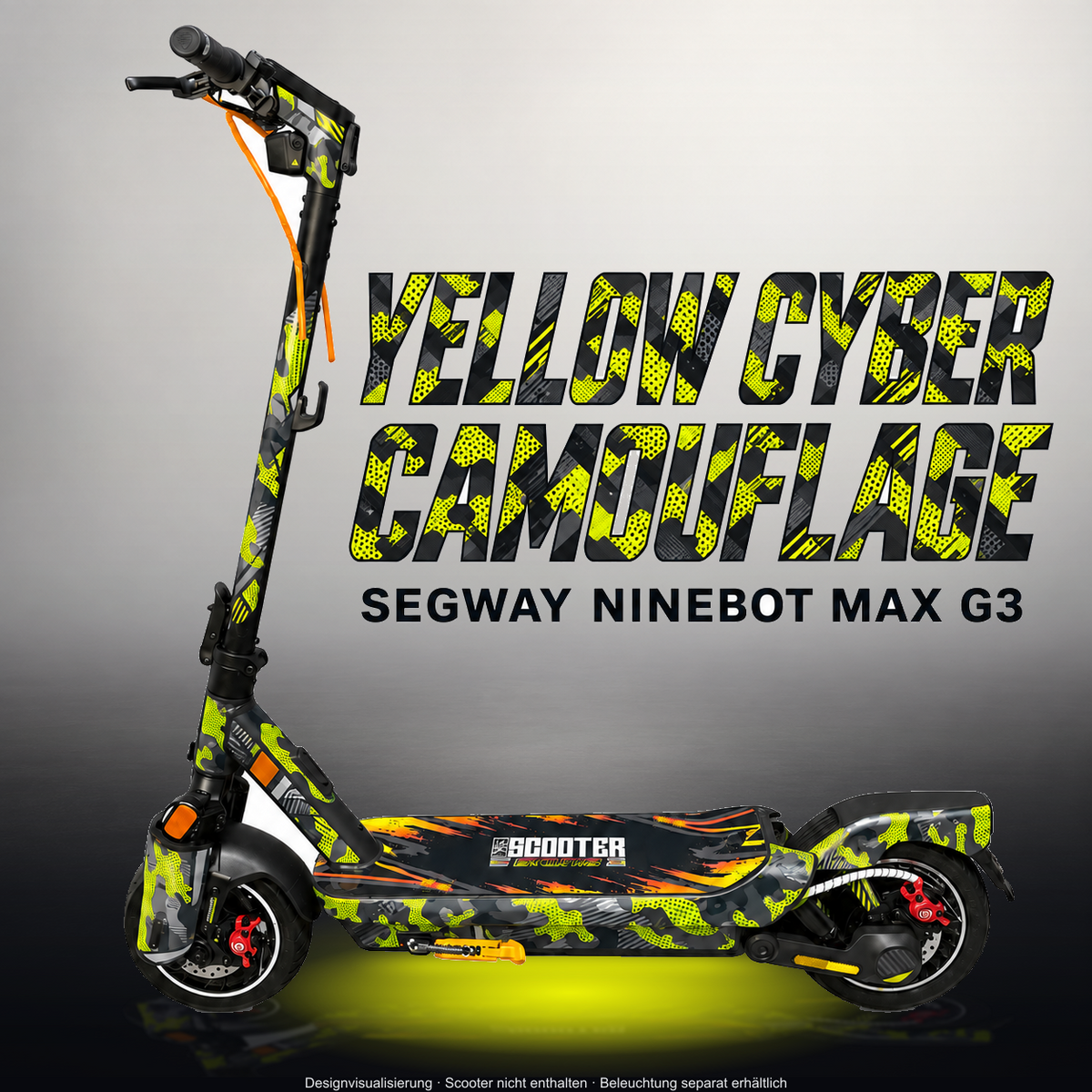 SEGWAY NINEBOT G3 / G3 D / G3 E SKIN | YELLOW CYBER CAMOUFLAGE – Studiofoto mit Licht in der Skinfarbe; Scooter und Beleuchtung separat erhältlich