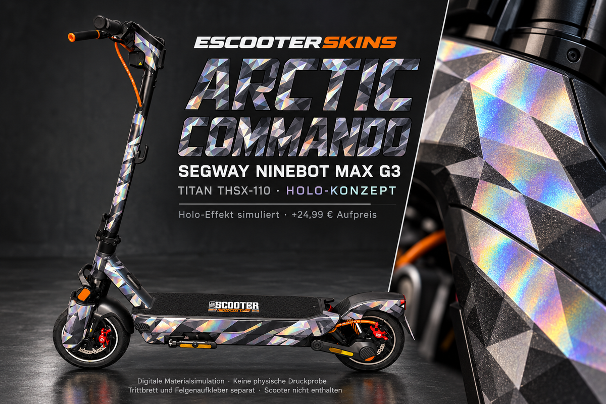 SEGWAY NINEBOT G3 / G3 D / G3 E SKIN | ARCTIC COMMANDO – Holo-Effekt simuliert; +24,99 EUR Aufpreis. Digitale Materialsimulation, keine physische Druckprobe. Nur Body-Skin; Trittbrett und Felgenaufkleber separat; Scooter nicht enthalten.