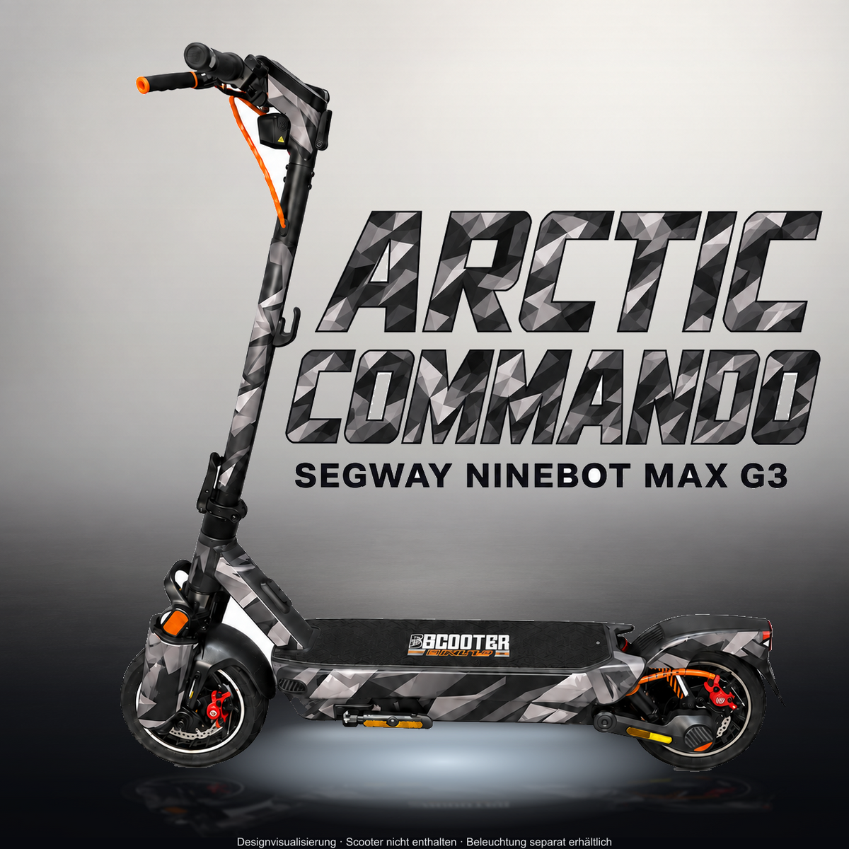 SEGWAY NINEBOT G3 / G3 D / G3 E SKIN | ARCTIC COMMANDO – Studiofoto mit Licht in der Skinfarbe; Scooter und Beleuchtung separat erhältlich