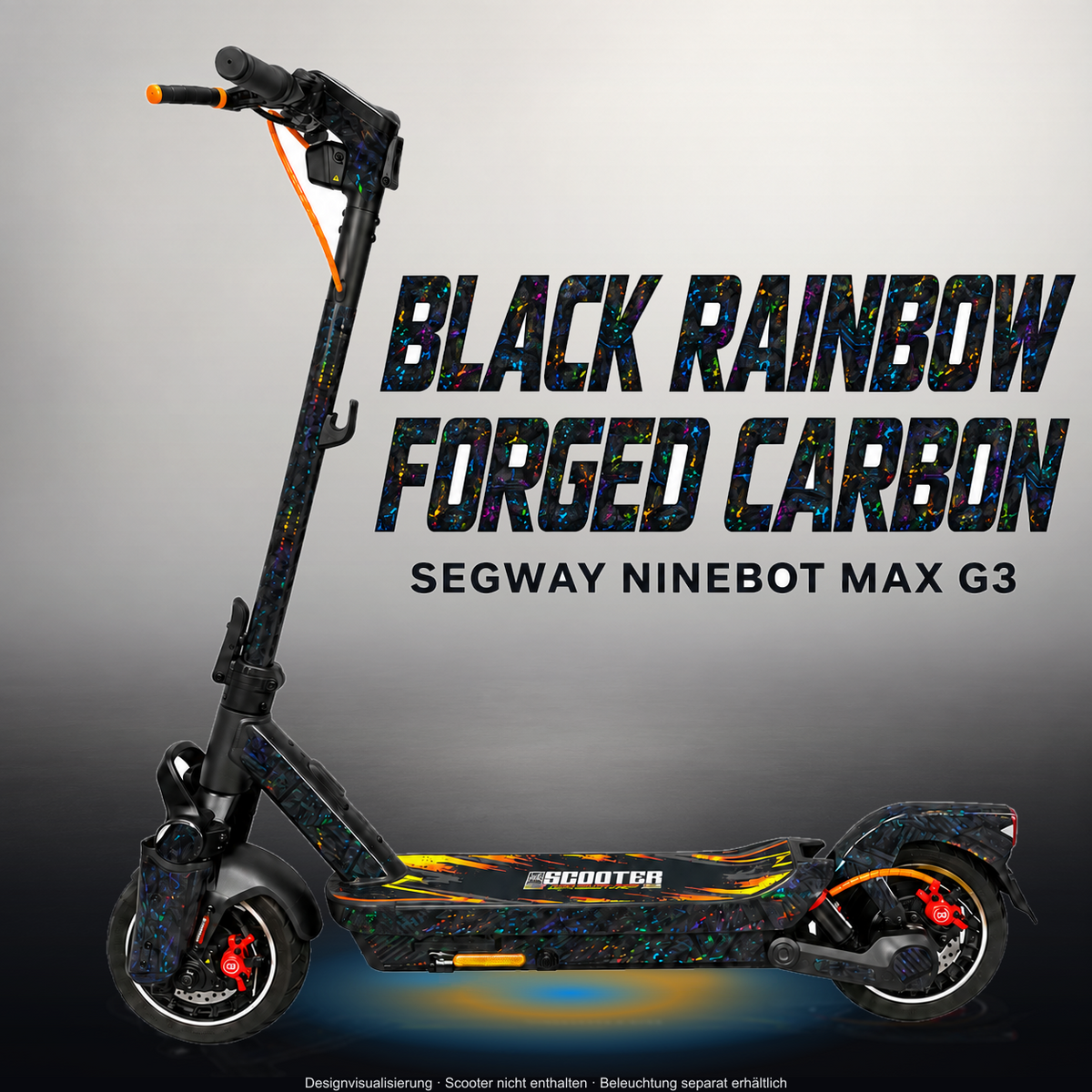 SEGWAY NINEBOT G3 / G3 D / G3 E SKIN | BLACK RAINBOW FORGED CARBON – Studiofoto mit Licht in der Skinfarbe; Scooter und Beleuchtung separat erhältlich