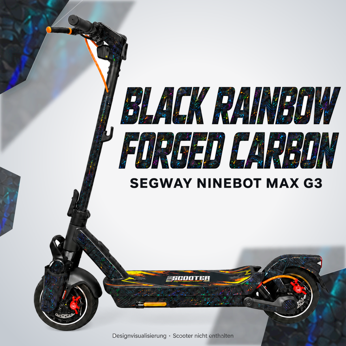 SEGWAY NINEBOT G3 SKIN | BLACK RAINBOW FORGED CARBON – Designvisualisierung am passenden Scooter. Scooter nicht enthalten.