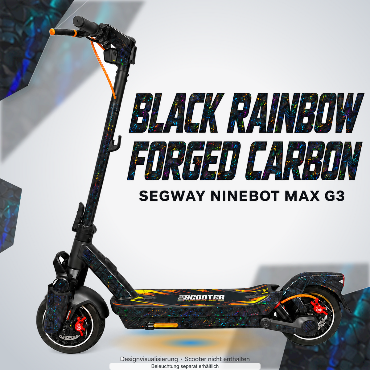 SEGWAY NINEBOT G3 / G3 D / G3 E SKIN | BLACK RAINBOW FORGED CARBON – Designvisualisierung mit Lichtschein in Skin-Farben. Scooter nicht enthalten; Beleuchtung separat erhältlich.