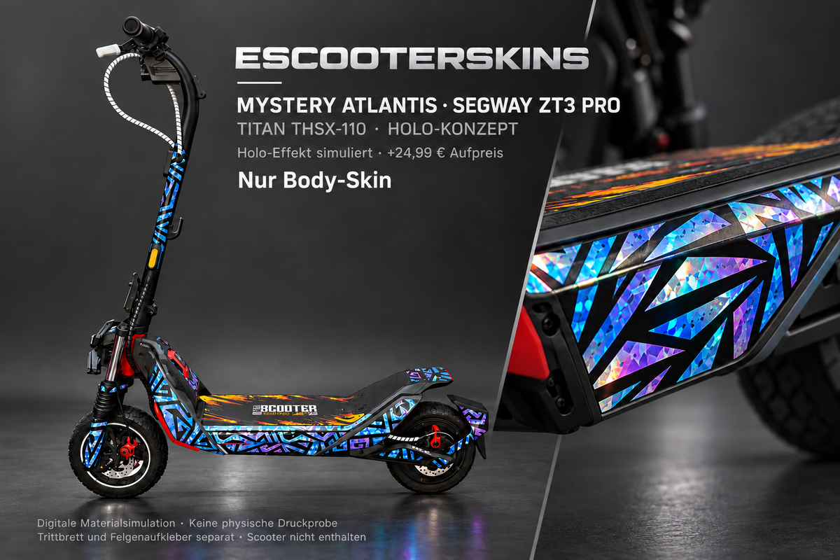 MYSTERY ATLANTIS – Holo-Effekt simuliert; +24,99 EUR Aufpreis. Digitale Materialsimulation, keine physische Druckprobe. Nur Body-Skin; Trittbrett und Felgenaufkleber separat; Scooter nicht enthalten.