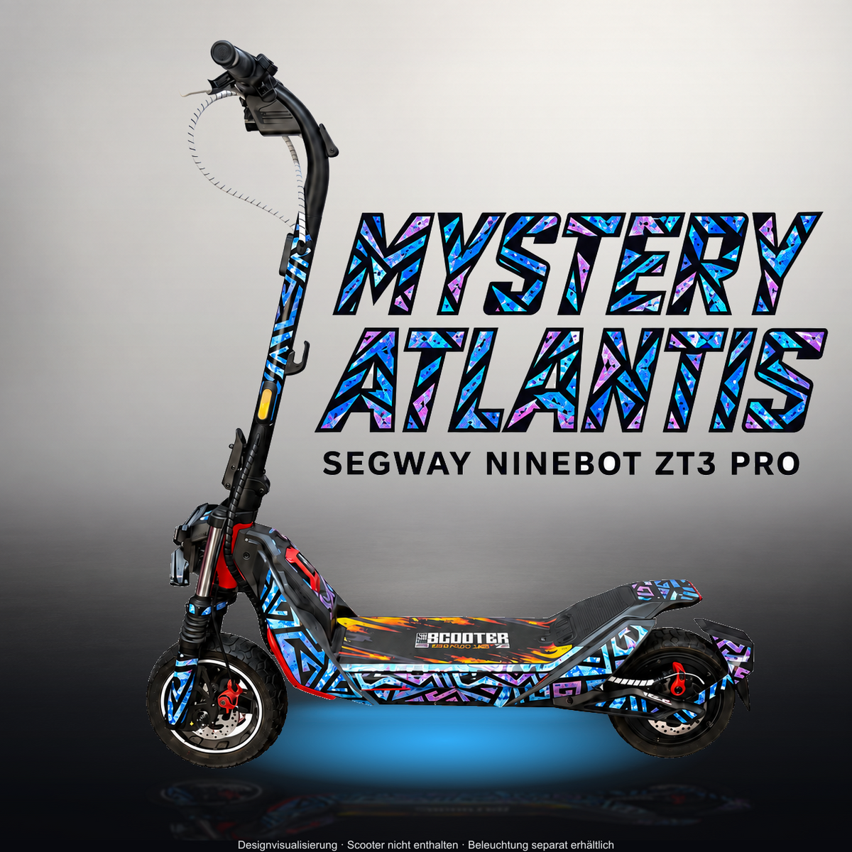 SEGWAY NINEBOT ZT3 PRO / ZT3 PRO D SKIN | MYSTERY ATLANTIS – Studiofoto mit Licht in der Skinfarbe; Scooter und Beleuchtung separat erhältlich