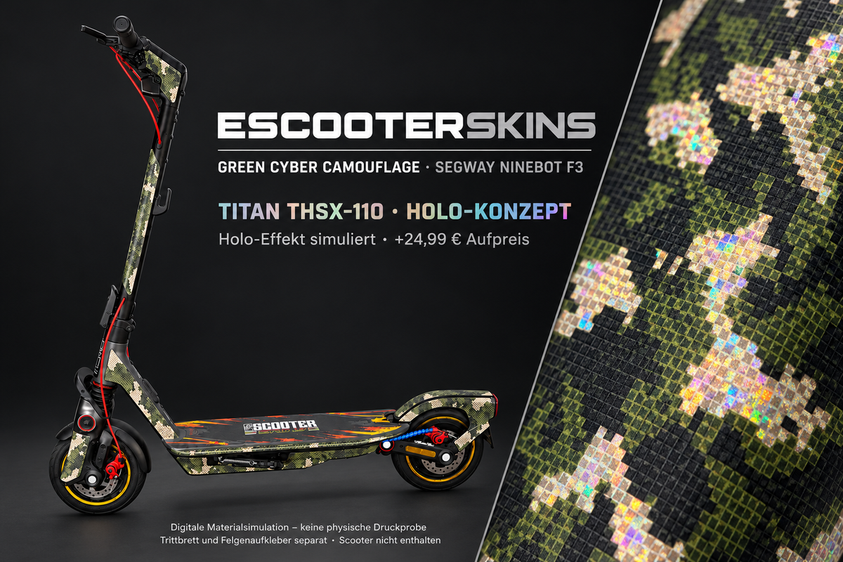 SEGWAY NINEBOT F3 / F3 PRO SKIN | GREEN CYBER CAMOUFLAGE – Holo-Effekt simuliert; +24,99 EUR Aufpreis. Digitale Materialsimulation, keine physische Druckprobe. Nur Body-Skin; Trittbrett und Felgenaufkleber separat; Scooter nicht enthalten.