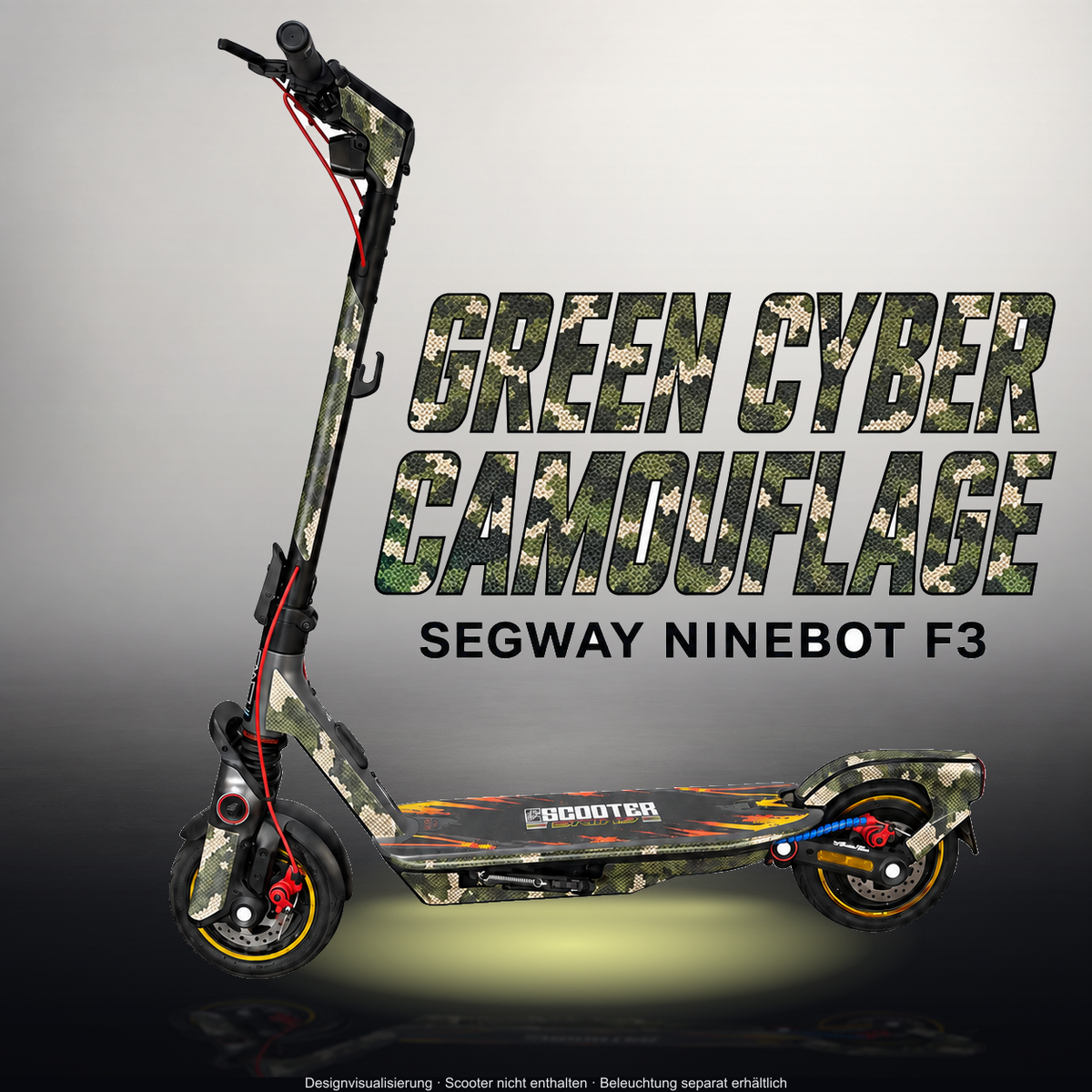 SEGWAY NINEBOT F3 / F3 PRO SKIN | GREEN CYBER CAMOUFLAGE – Studiofoto mit Licht in der Skinfarbe; Scooter und Beleuchtung separat erhältlich