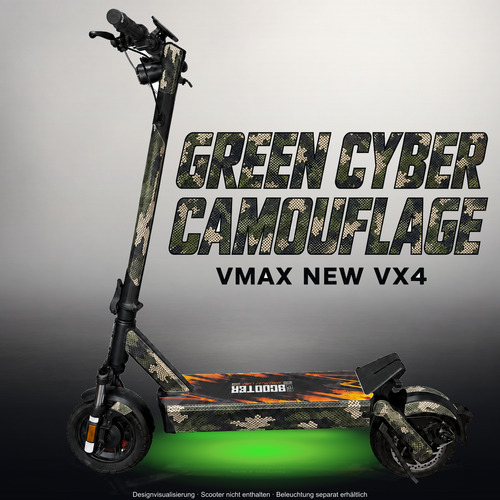 VMAX NEW VX4 SKIN | GREEN CYBER CAMOUFLAGE – Studiofoto mit passendem Unterbodenlicht; Scooter und Beleuchtung separat erhältlich
