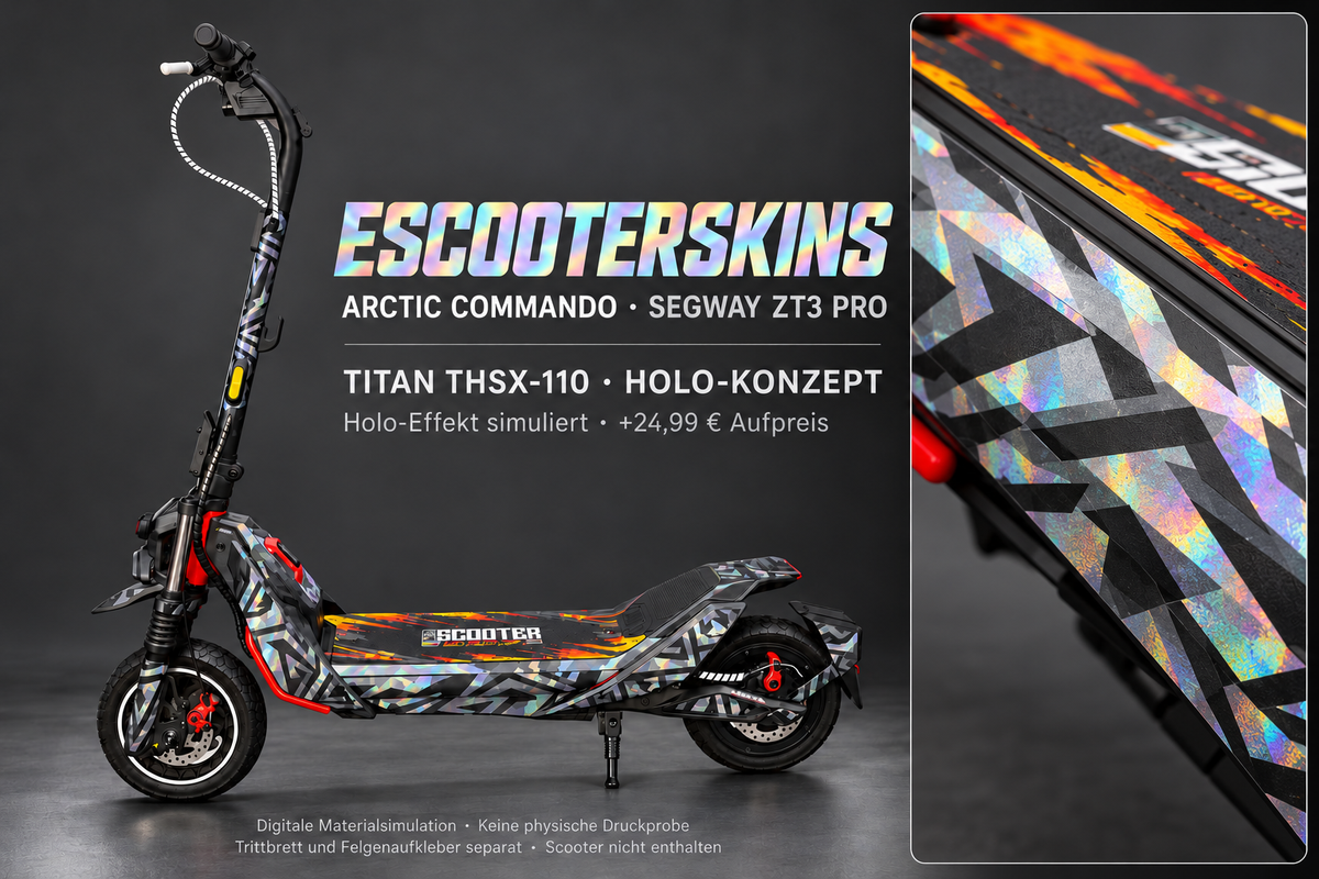 SEGWAY NINEBOT ZT3 PRO / ZT3 PRO D SKIN | ARCTIC COMMANDO – Holo-Effekt simuliert; +24,99 EUR Aufpreis. Digitale Materialsimulation, keine physische Druckprobe. Nur Body-Skin; Trittbrett und Felgenaufkleber separat; Scooter nicht enthalten.