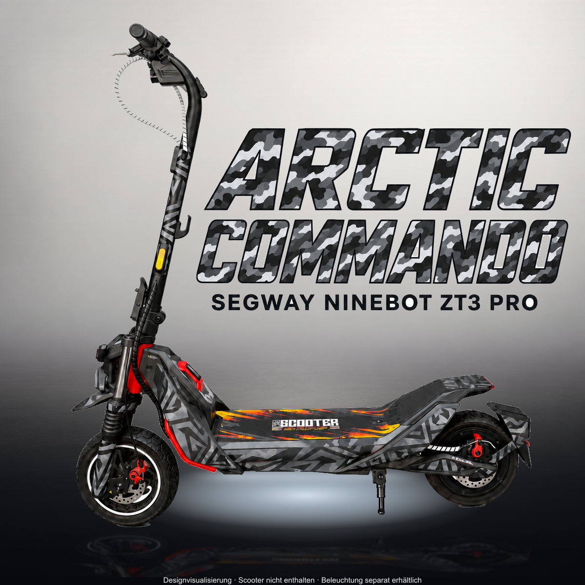 SEGWAY NINEBOT ZT3 PRO / ZT3 PRO D SKIN | ARCTIC COMMANDO – Studiofoto mit Licht in der Skinfarbe; Scooter und Beleuchtung separat erhältlich