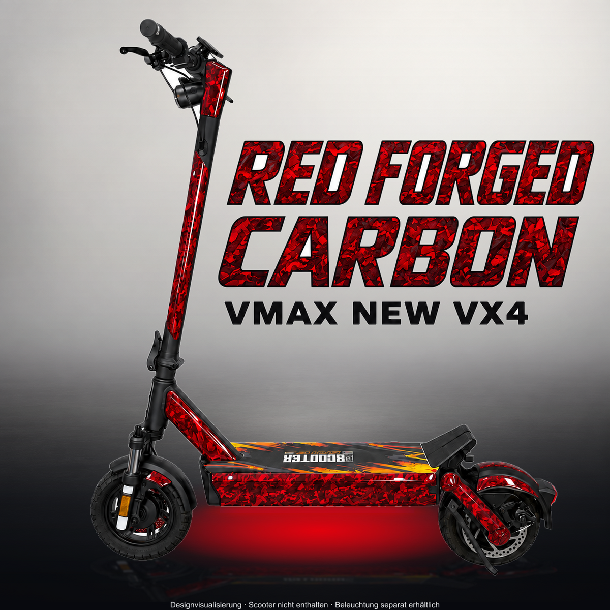 VMAX NEW VX4 SKIN | RED FORGED CARBON – Studiofoto mit Licht in der Skinfarbe; Scooter und Beleuchtung separat erhältlich