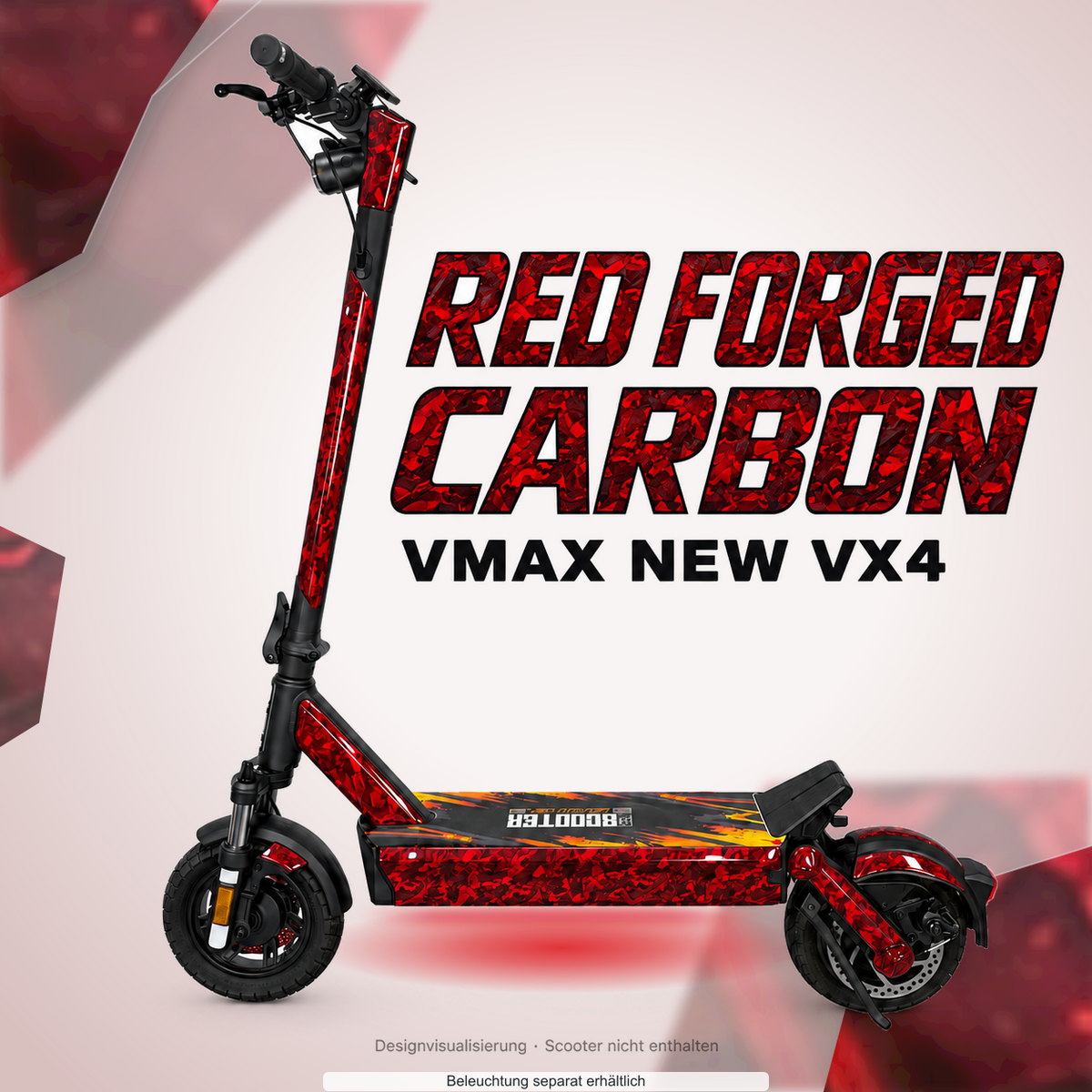 VMAX NEW VX4 SKIN | RED FORGED CARBON – Designvisualisierung mit Lichtschein in Skin-Farben. Scooter nicht enthalten; Beleuchtung separat erhältlich.