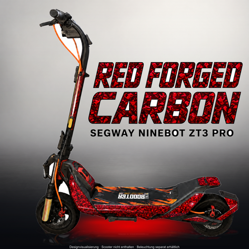 SEGWAY NINEBOT ZT3 PRO / ZT3 PRO D SKIN | RED FORGED CARBON – Studiofoto mit Licht in der Skinfarbe; Scooter und Beleuchtung separat erhältlich