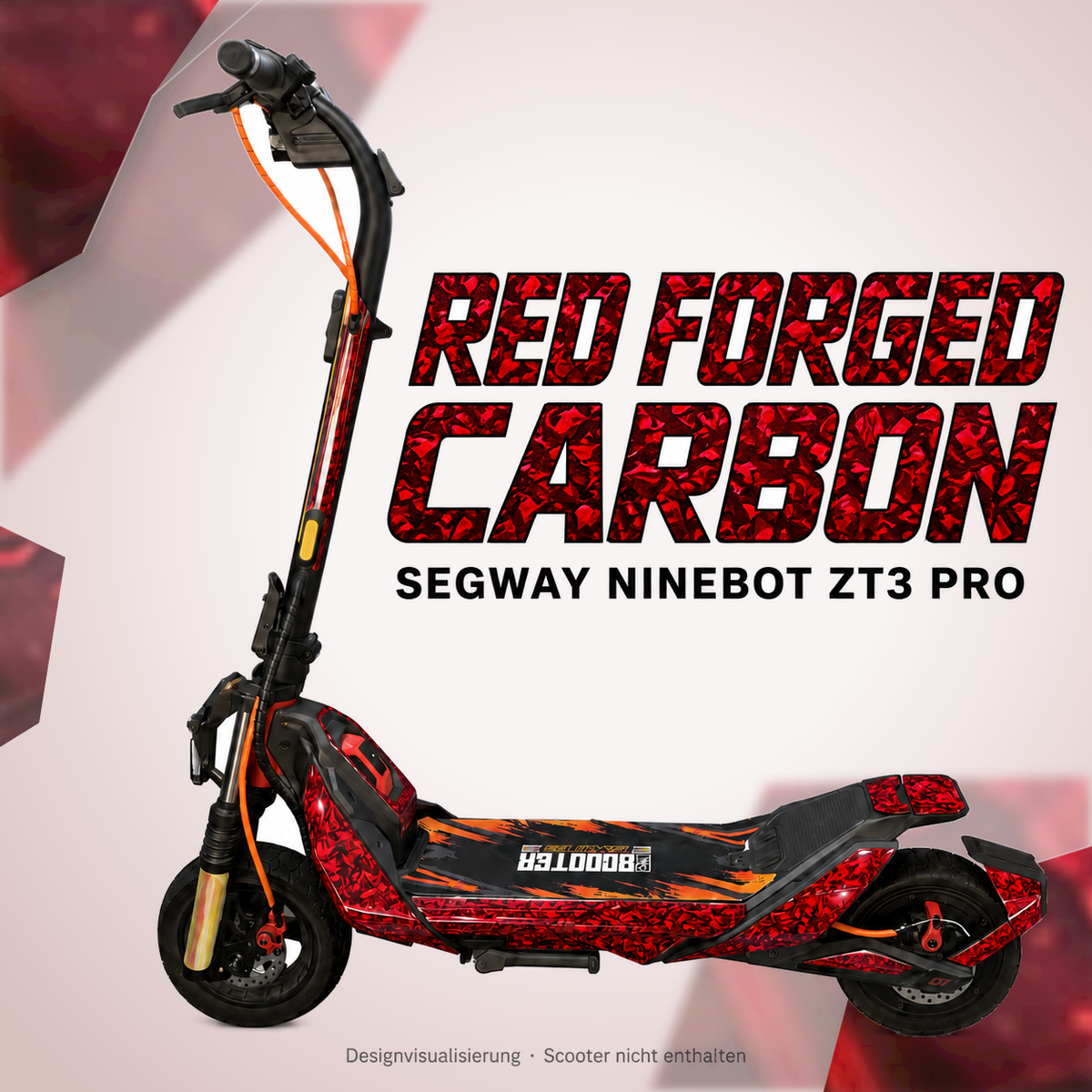 SEGWAY NINEBOT ZT3 SKIN | RED FORGED CARBON – Designvisualisierung am passenden Scooter. Scooter nicht enthalten.