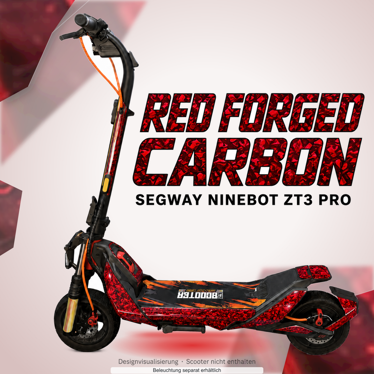 SEGWAY NINEBOT ZT3 PRO / ZT3 PRO D SKIN | RED FORGED CARBON – Designvisualisierung mit Lichtschein in Skin-Farben. Scooter nicht enthalten; Beleuchtung separat erhältlich.