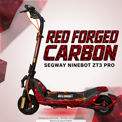 SEGWAY NINEBOT ZT3 PRO / ZT3 PRO D SKIN | RED FORGED CARBON – Designvisualisierung mit Lichtschein in Skin-Farben. Scooter nicht enthalten; Beleuchtung separat erhältlich.