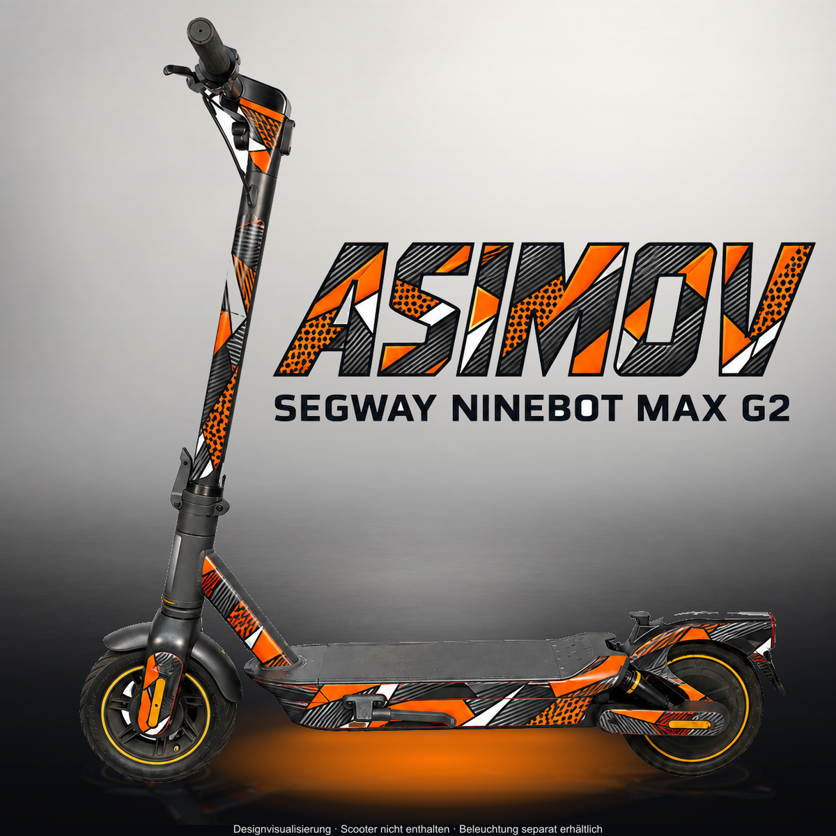SEGWAY NINEBOT G2 MAX SKIN | ASIMOV – Studiofoto mit Licht in der Skinfarbe; Scooter und Beleuchtung separat erhältlich