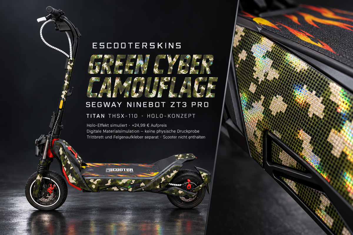 SEGWAY NINEBOT ZT3 PRO / ZT3 PRO D SKIN | GREEN CYBER CAMOUFLAGE – Holo-Effekt simuliert; +24,99 EUR Aufpreis. Digitale Materialsimulation, keine physische Druckprobe. Nur Body-Skin; Trittbrett und Felgenaufkleber separat; Scooter nicht enthalten.
