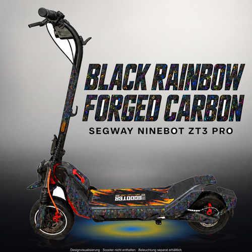 SEGWAY NINEBOT ZT3 PRO / ZT3 PRO D SKIN | BLACK RAINBOW FORGED CARBON – Studiofoto mit Licht in der Skinfarbe; Scooter und Beleuchtung separat erhältlich