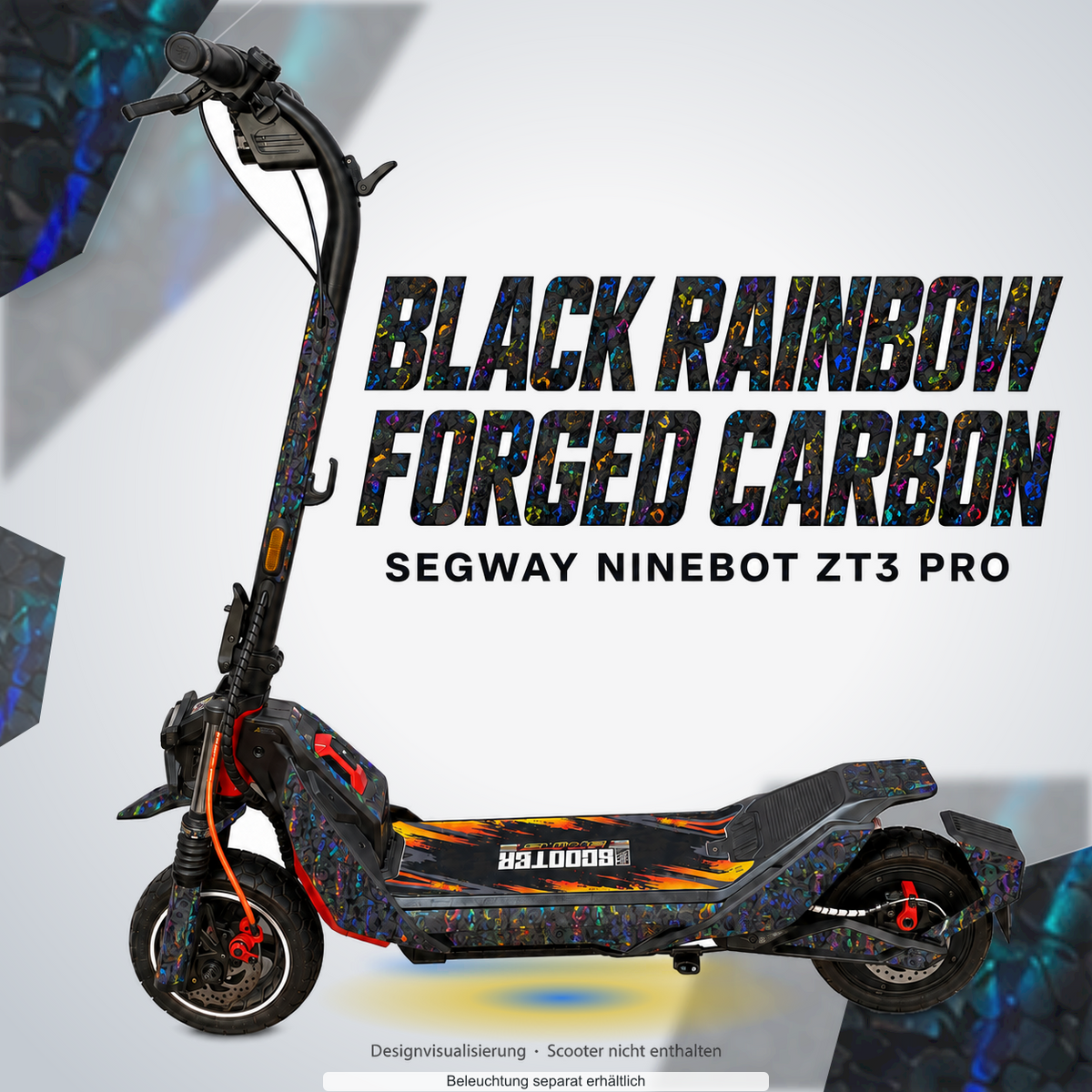 SEGWAY NINEBOT ZT3 PRO / ZT3 PRO D SKIN | BLACK RAINBOW FORGED CARBON – Designvisualisierung mit Lichtschein in Skin-Farben. Scooter nicht enthalten; Beleuchtung separat erhältlich.