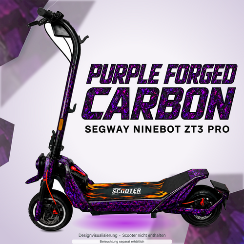 SEGWAY NINEBOT ZT3 PRO / ZT3 PRO D SKIN | PURPLE FORGED CARBON – Designvisualisierung mit Lichtschein in Skin-Farben. Scooter nicht enthalten; Beleuchtung separat erhältlich.