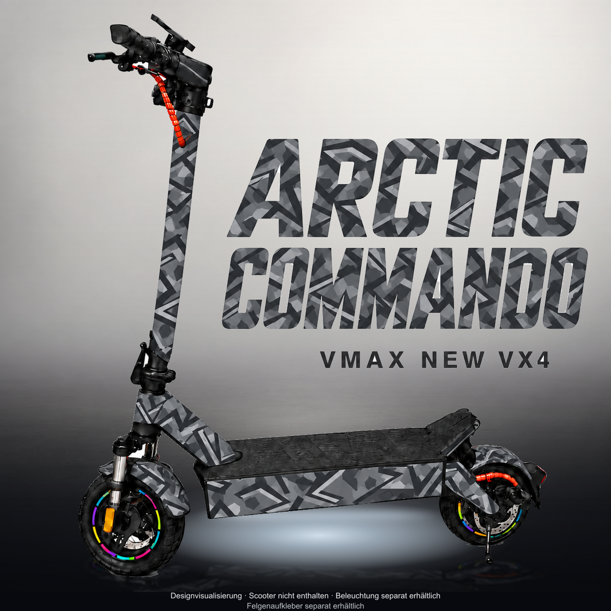 VMAX NEW VX4 SKIN | ARCTIC COMMANDO – Studiofoto mit Licht in der Skinfarbe; Scooter und Beleuchtung separat erhältlich