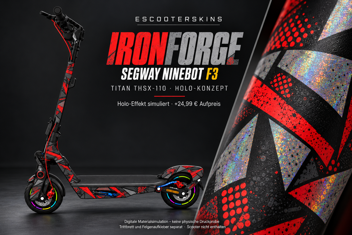 SEGWAY NINEBOT F3 / F3 PRO SKIN | IRONFORGE – Holo-Effekt simuliert; +24,99 EUR Aufpreis. Digitale Materialsimulation, keine physische Druckprobe. Nur Body-Skin; Trittbrett und Felgenaufkleber separat; Scooter nicht enthalten.
