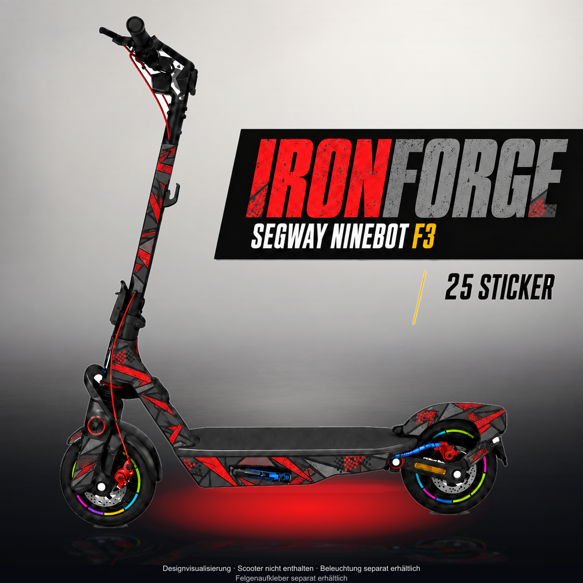 SEGWAY NINEBOT F3 / F3 PRO SKIN | IRONFORGE – Studiofoto mit Licht in der Skinfarbe; Scooter und Beleuchtung separat erhältlich