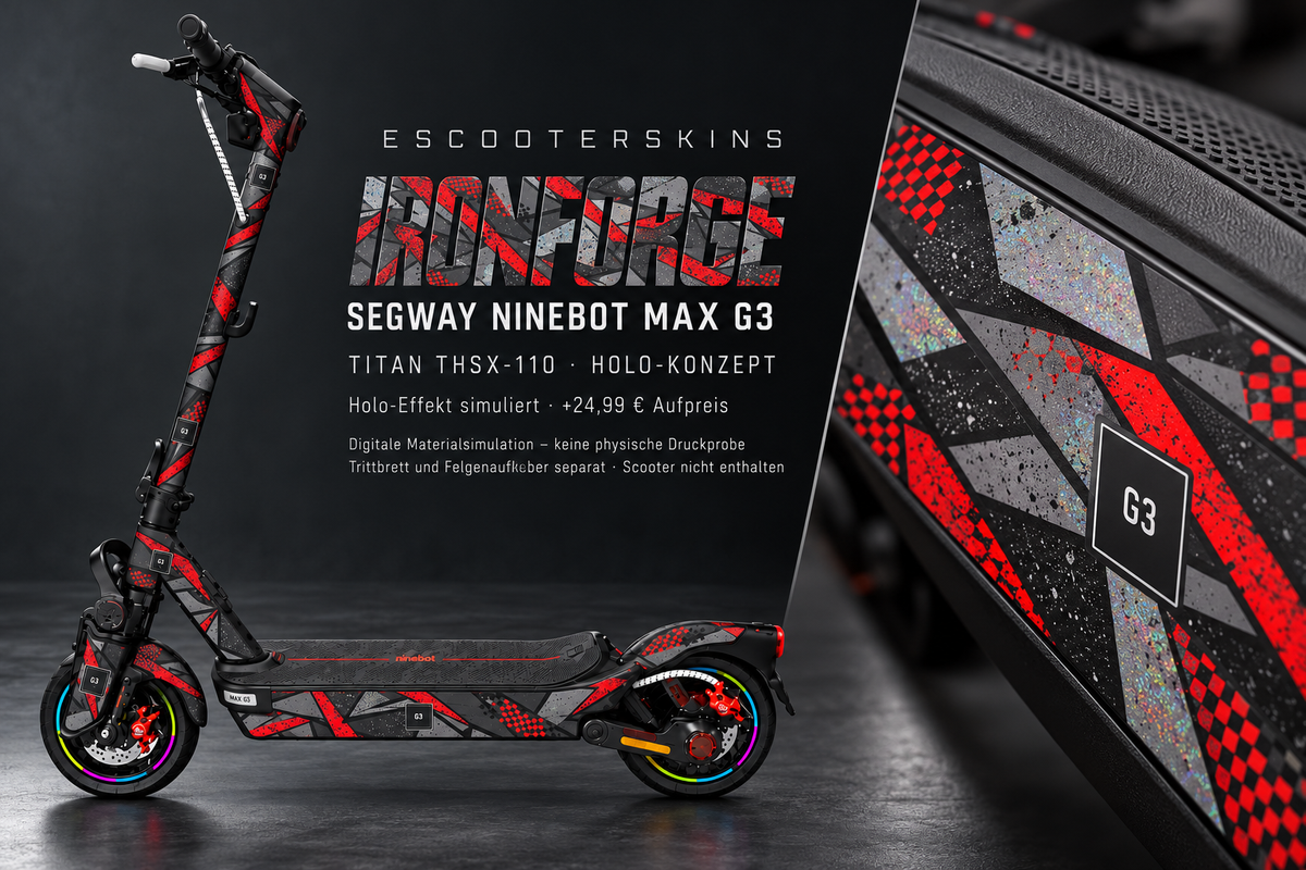 SEGWAY NINEBOT G3 / G3 D / G3 E SKIN | IRONFORGE – Holo-Effekt simuliert; +24,99 EUR Aufpreis. Digitale Materialsimulation, keine physische Druckprobe. Nur Body-Skin; Trittbrett und Felgenaufkleber separat; Scooter nicht enthalten.