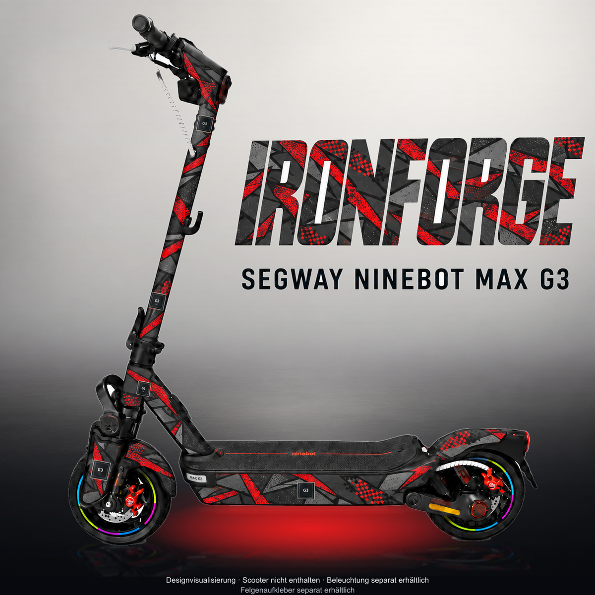 SEGWAY NINEBOT G3 / G3 D / G3 E SKIN | IRONFORGE – Studiofoto mit Licht in der Skinfarbe; Scooter und Beleuchtung separat erhältlich