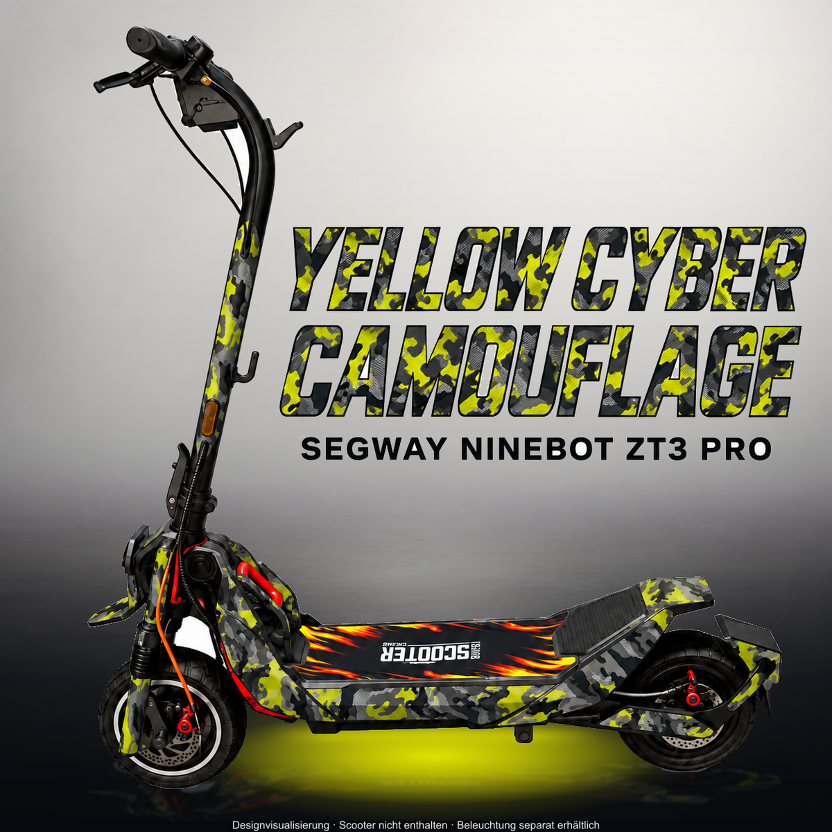 SEGWAY NINEBOT ZT3 PRO / ZT3 PRO D SKIN | YELLOW CYBER CAMOUFLAGE – Studiofoto mit Licht in der Skinfarbe; Scooter und Beleuchtung separat erhältlich